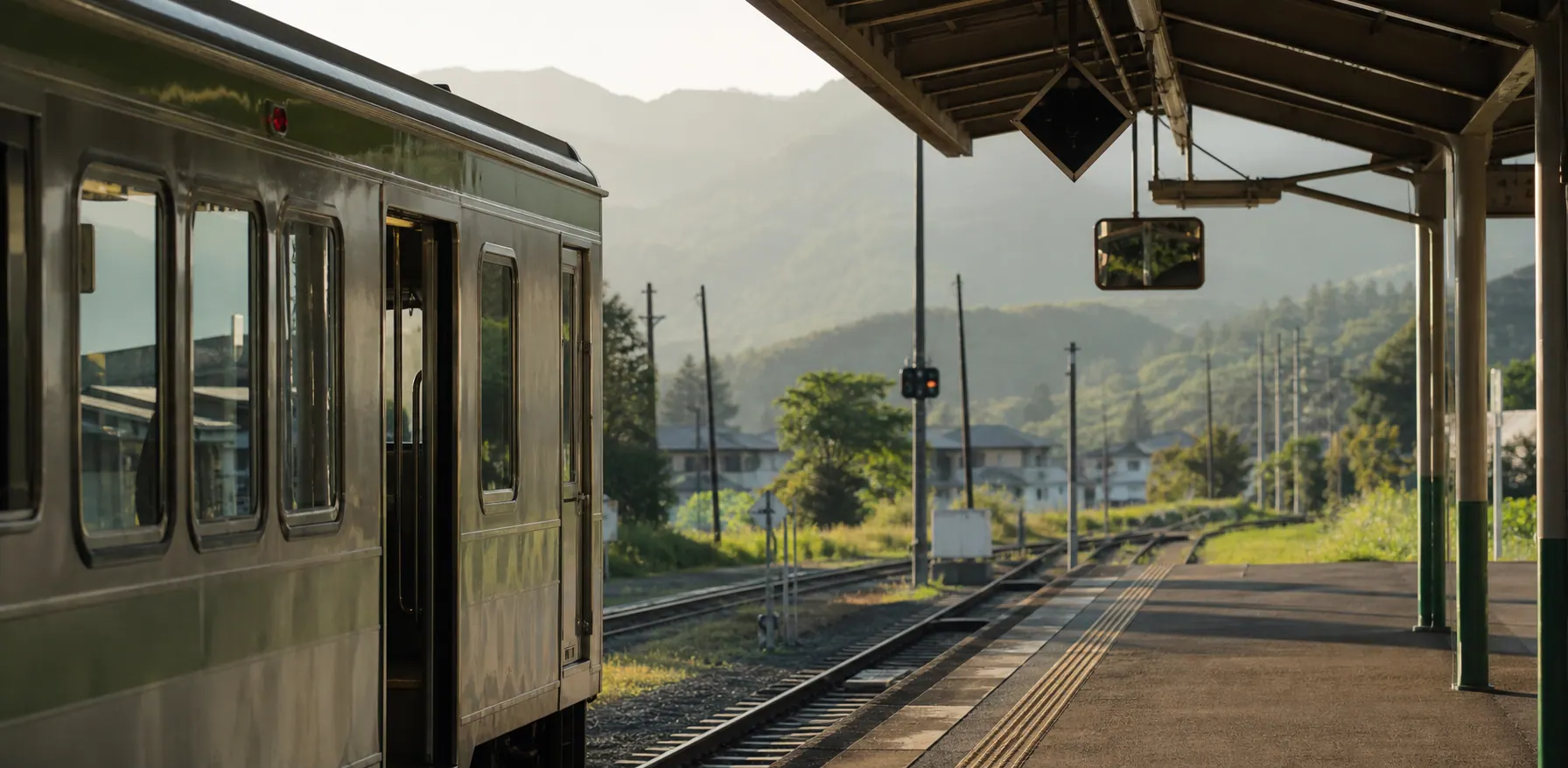 A local train waiting at a rural Japanese station surrounded by mountains