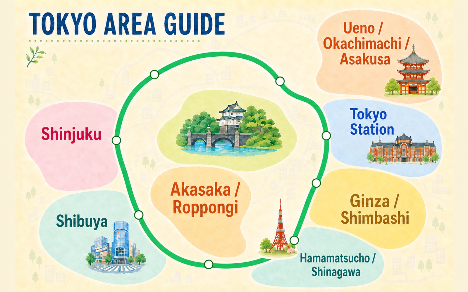 Illustrated Tokyo area guide showing seven recommended hotel areas around the JR Yamanote Line